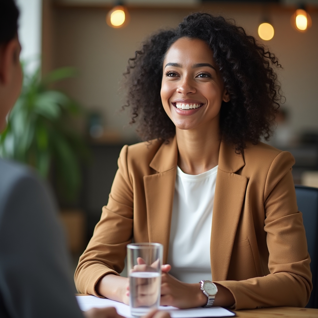 Persona en entrevista de trabajo proyectando confianza y profesionalismo